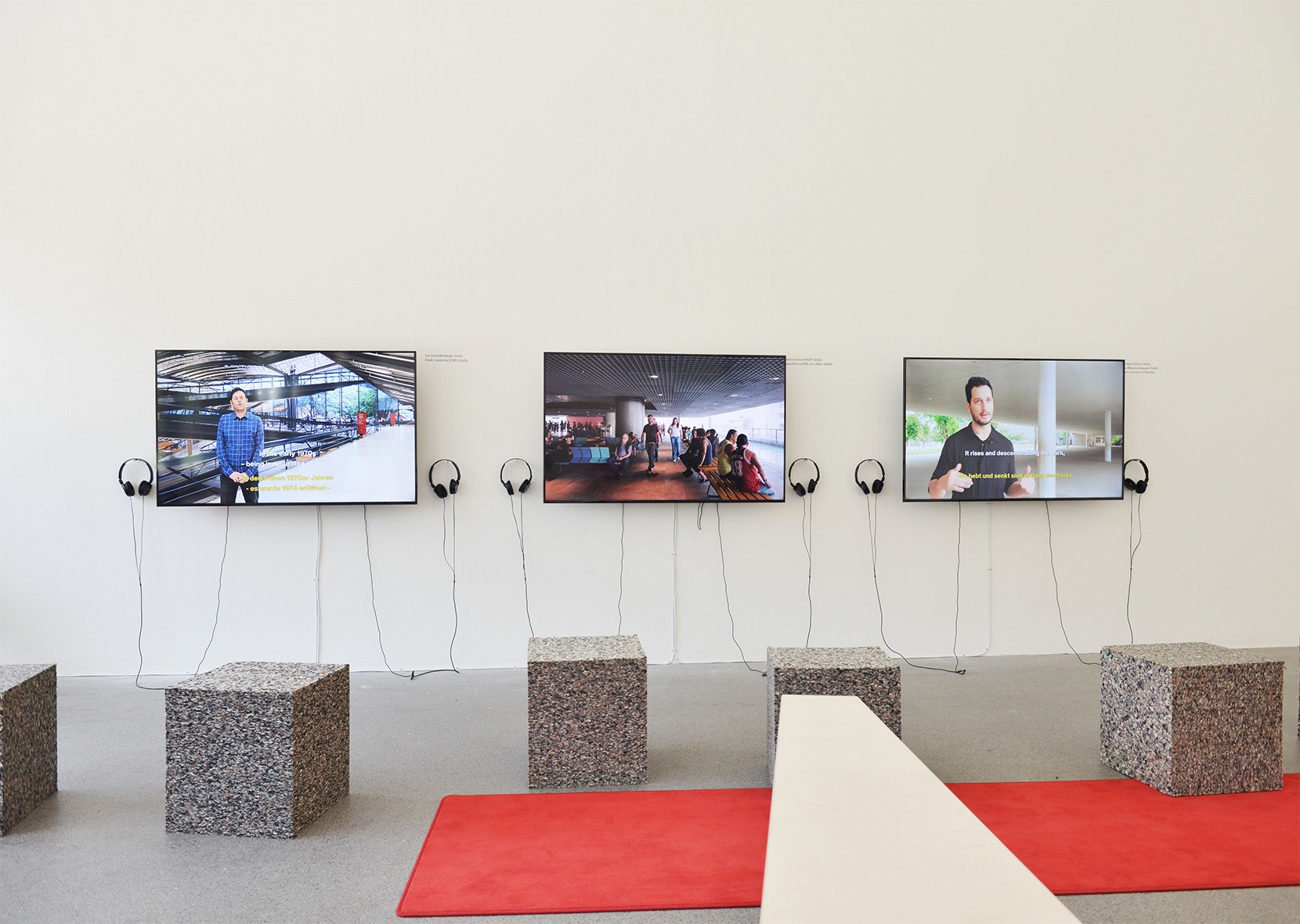 video monitors and three stool