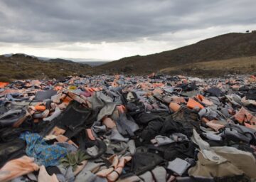 Mounds of discarded life jackets in northern Lesbos, 2017